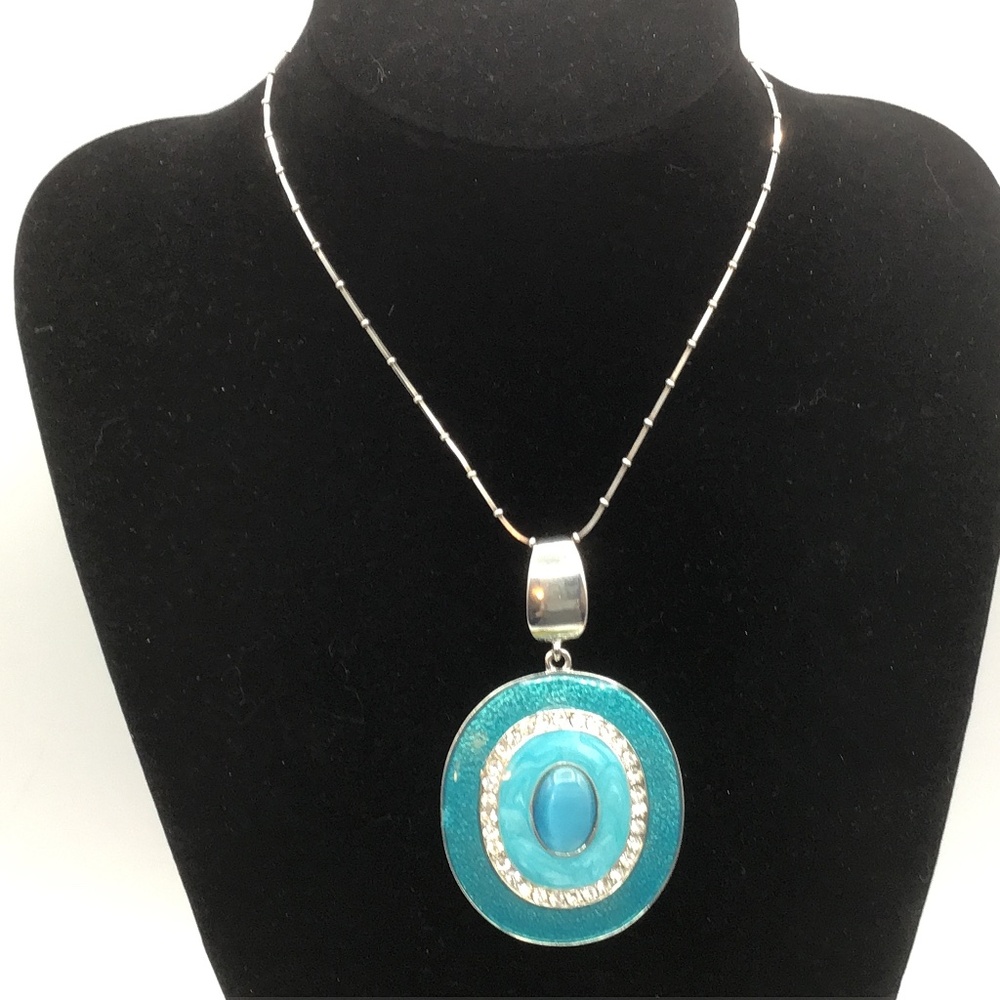 Big Pendant Blue/Green Enamel, Rhinestones w central bead all set in Silver tone